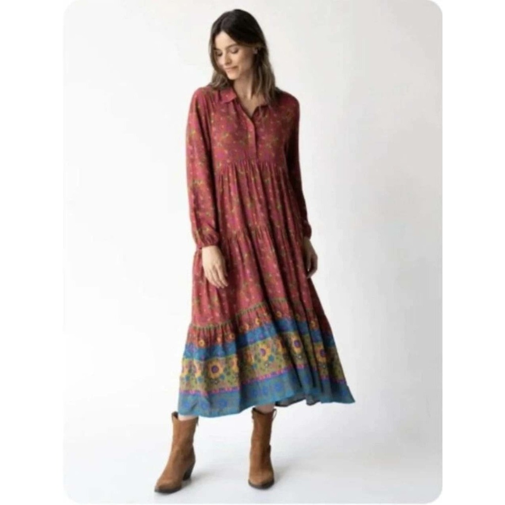 Natural Life Floral Boho Tiered Maxi Dress Rust Red XL LHDRS001500